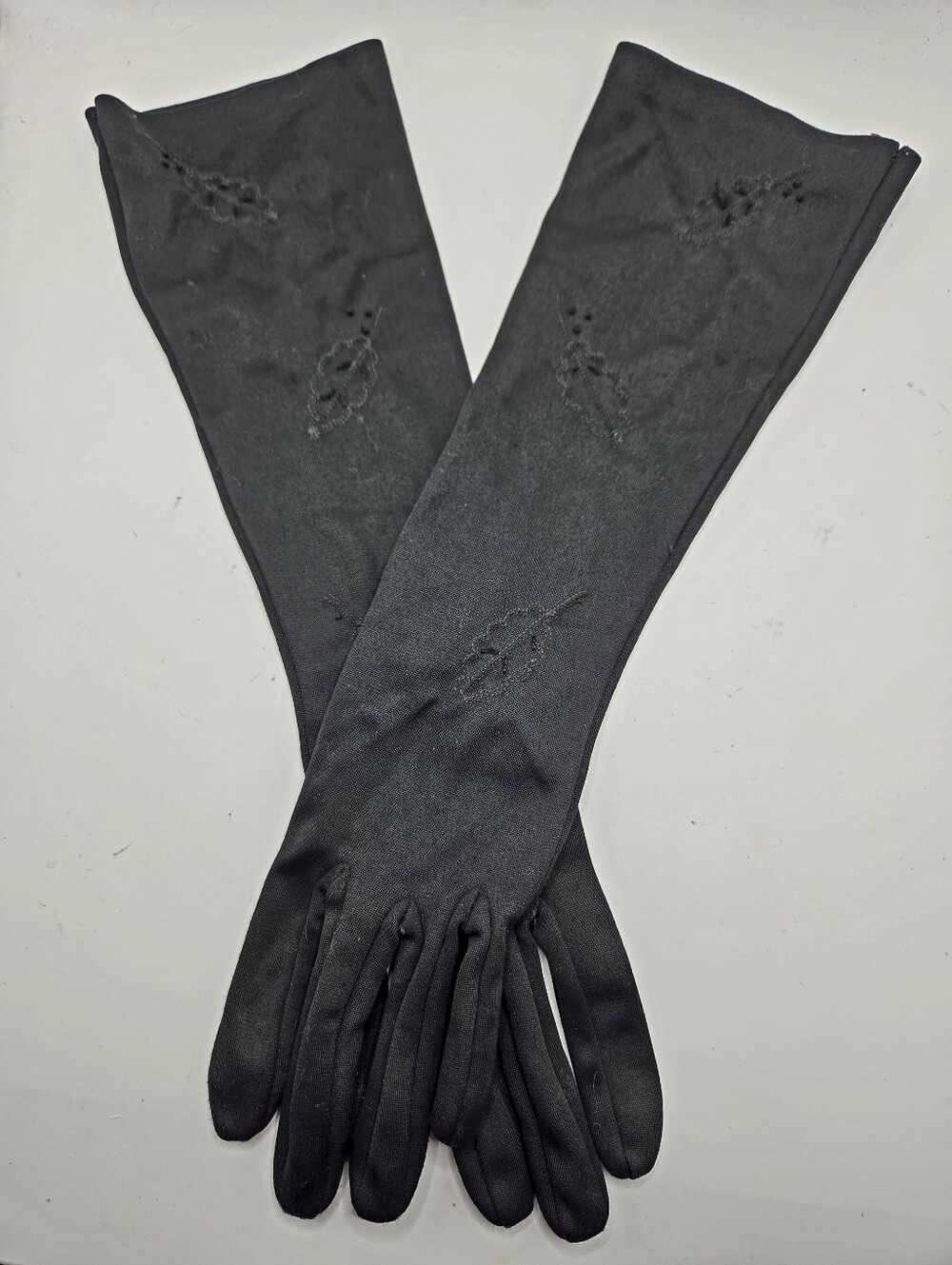 Vintage Black Embroidered Dress Gloves Evening Formal 14" One Size